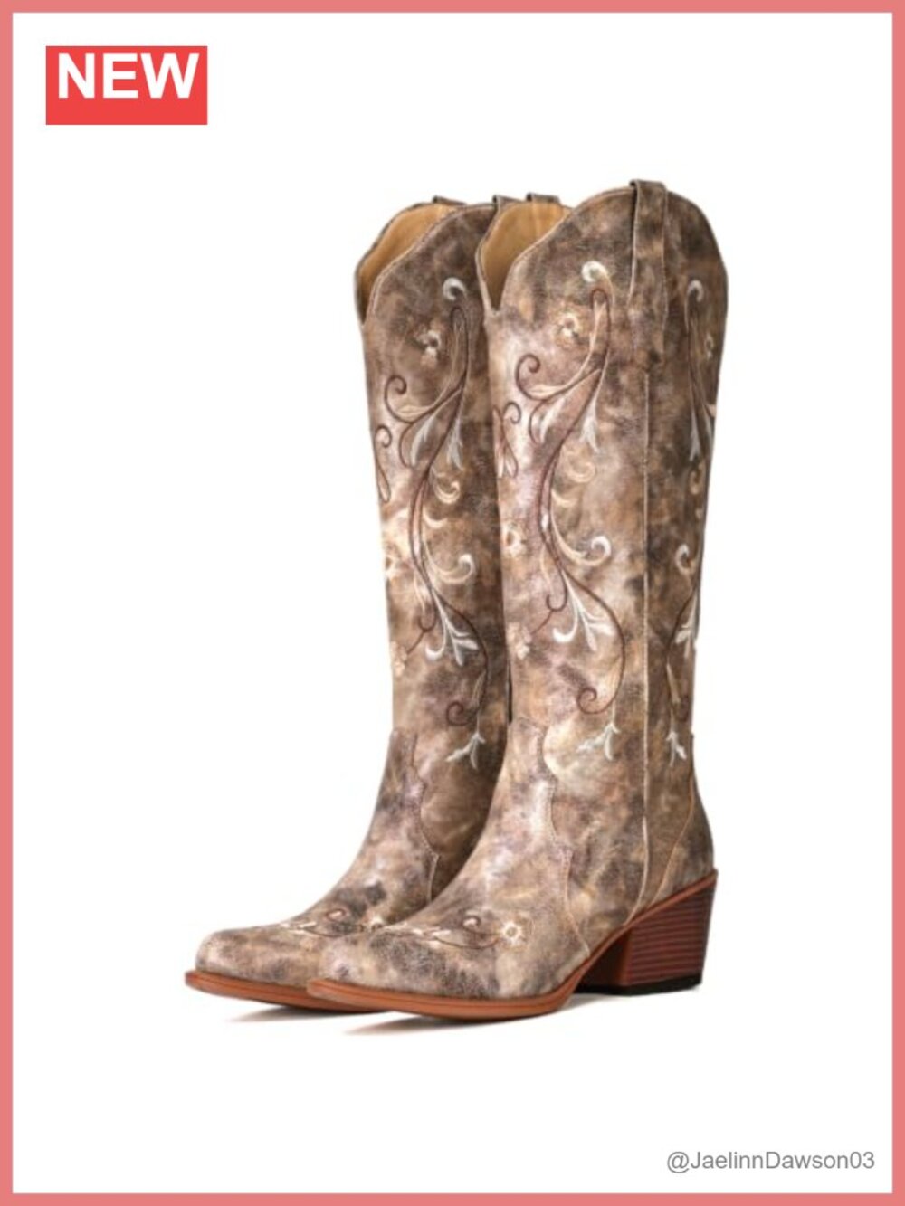 Womens Knee High Western Cowboy Boots Floral Faux Leather Pointed Toe